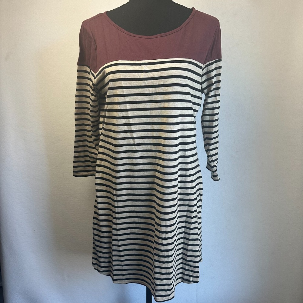 Umgee USA Striped Colorblock Tunic Dress Burgundy Black White Medium A1580